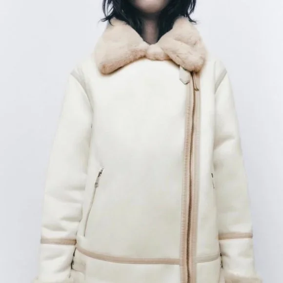 ZARA Women's Faux Suede Double Faced Long Jacket(Ecru, US L/EUR L) - Picture 7 of 16